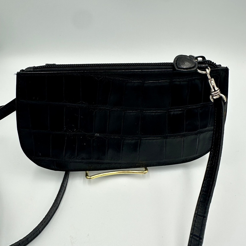 Brighton Black Croc Embossed Leather Heart Crossbody Bag Silver Hardware